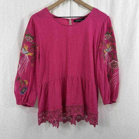 Calessa Pink Embroidered Floral Birds Peplum Boho Top Womens Size L Lace Trim - Picture 1 of 10